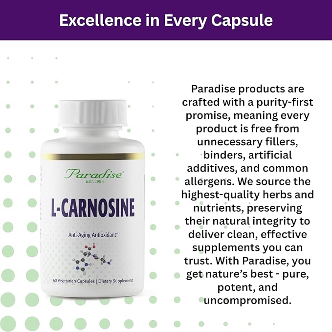 Paradise Herbs L-Carnosine Super Potent Ultra Pure Antioxidant Vegan Non GMO Gluten Free 60 Vegetarian Capsules