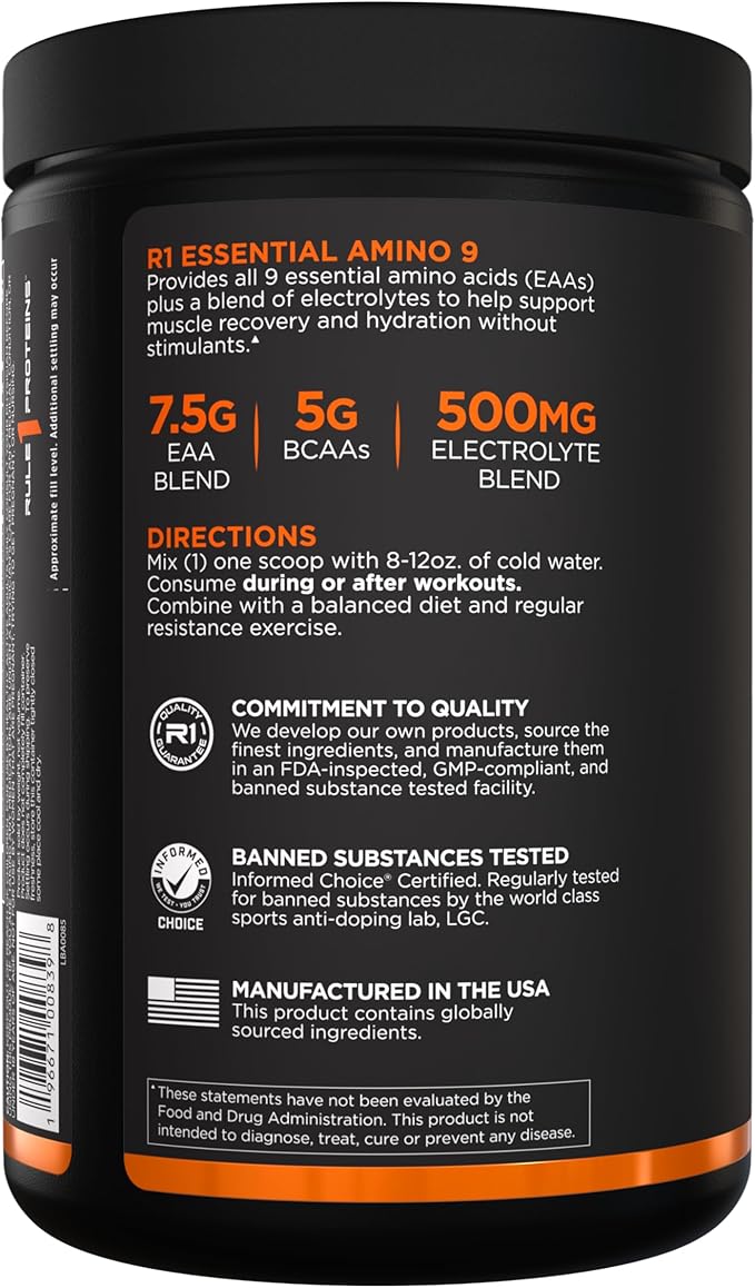 Rule 1 Proteins Essential Amino 9 – Recovery &amp Hydration Support with 7.5g of Essential Amino Acids + Electrolytes (30 Servings Blue Razz Lemonade)