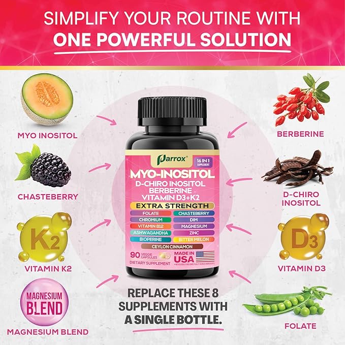 Myo-Inositol Supplement with D-Chiro Inositol DIM Berberine Vitamin D3 + K2 Methylated B12 Chromium Ceylon Cinnamon Zinc Ashwagandha Chasteberry Magnesium Bioperine Bitter Melon (3 Pack)