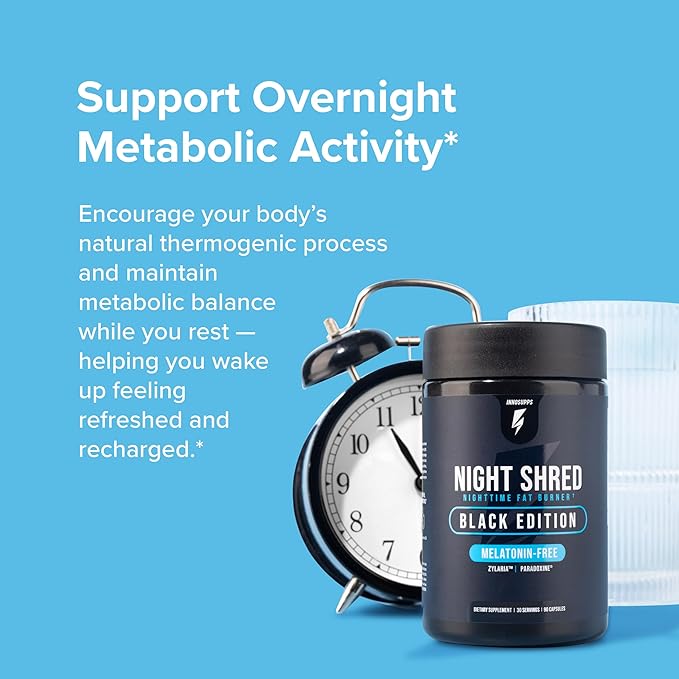 Night Shred Black Melatonin-Free Nighttime Fat Burner and Sleep Support Supplement - GABA Complex with Ashwagandha CLA Grains of Paradise and Zylaria - Thermogenic Fat Burner - 90 Vegan Capsules