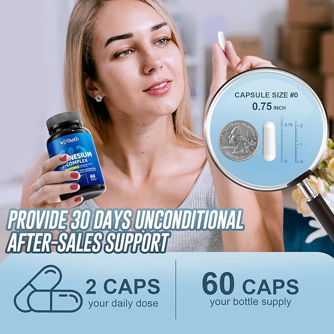 Magnesium 7 Complex Supplement Advanced with Glycinate Citrate Malate Chelate Taurate Orotate Aspartate Capsules with Zinc Vitamin D3 &amp B6 for Sleep Muscle Relief 60 Capsules