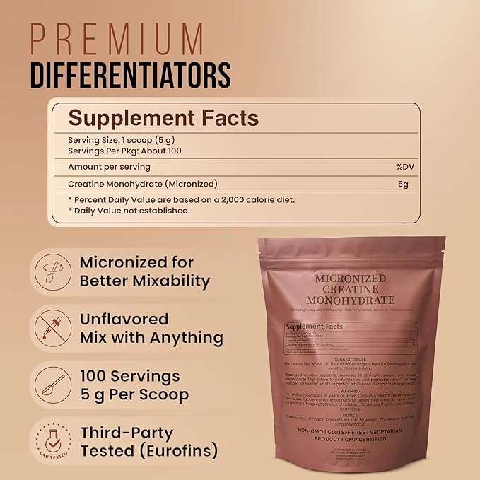 Creatine Monohydrate Powder 500g (100 Servings) Micronized Unflavored - Supports Strength &amp High -Intensity Training - Third-Party Tested