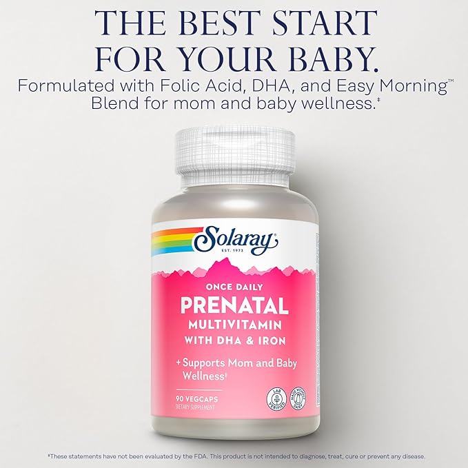 SOLARAY Once Daily Prenatal Multivitamin with DHA &amp Iron Prenatal Vitamins and Minerals for Expectant Mothers Easy Morning Herbal Blend &amp Whole Food Base Lab Verified 90 Servings 90 VegCa