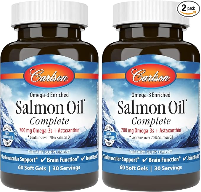 Carlson - Salmon Oil Complete 700 mg Omega-3s + Astaxanthin Cardiovascular Support Brain Function &amp Joint Health 60 Softgels (Pack of 2)