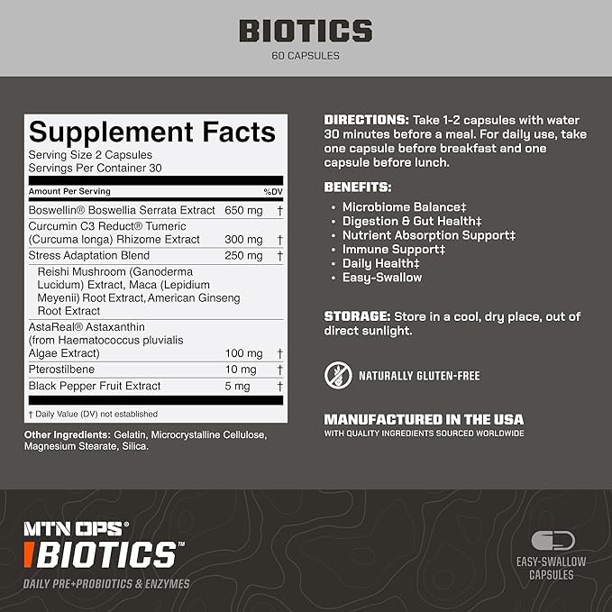MTN OPS Biotics Daily Probiotic Maca Root Boswellia Reishi Mushroom Capsules Prebiotic with American Ginseng 60 Capsules 30 Servings