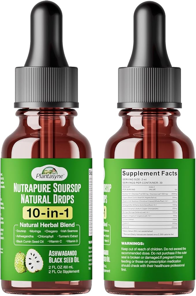 Nutrapure Soursop Herbal Drops with Sea Moss Ashwagandha &amp Moringa 10-in-1 Liquid Supplement for Immune Support Antioxidant Properties Gut Health Maintenance and Cardiovascular Wellness 2 pac