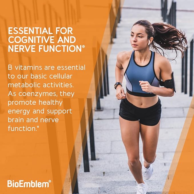BioEmblem Vitamin B-Complex - All 8 Active Forms with Methyl Folate Methyl B12 B6 Biotin Plus Choline Inositol Supports Energy Metabolism Brain Heart Health - B Vitamin Supplement 90 Capsules