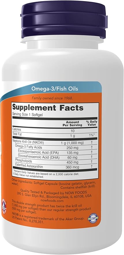 NOW Foods Supplements Neptune Krill Double Strength 1000 mg Phospholipid-Bound Omega-3 60 Softgels (Pack of 2)