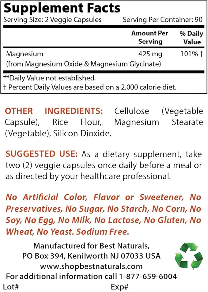 Best Naturals 5-HTP (5-hydroxytryptophan) 100 mg &amp Magnesium Glycinate 425 mg