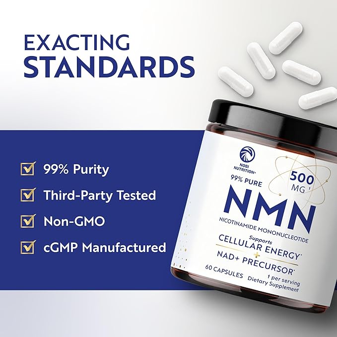 NMN Supplement 500mg | 99% Pure | NAD+ Precursor for Cellular Energy Longevity Repair and Healthy Aging Support | Third-Party Tested &amp Non-GMO | Nicotinamide Mononucleotide | 60 NMN Capsules