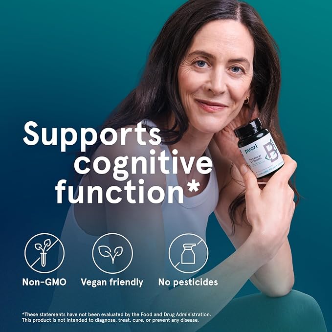 Puori Pure Energy Vitamin B-Complex with 8 Essential Vitamins - Active &amp Methylated B Vitamins (Thiamin Riboflavin Niacin B6 Folate &amp B12) - Biotin Inositol Pantothenic Acid &amp Cholin