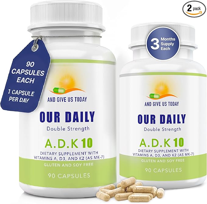 Daily Vites ADK 10 Vitamin Supplement – 180 Capsules – High Potency Vitamin A D3 10000 IU &amp K2-MK7 – Physician Formulated for Bone Heart &amp Immune Support – Non-GMO Gluten Free (2 Pack)