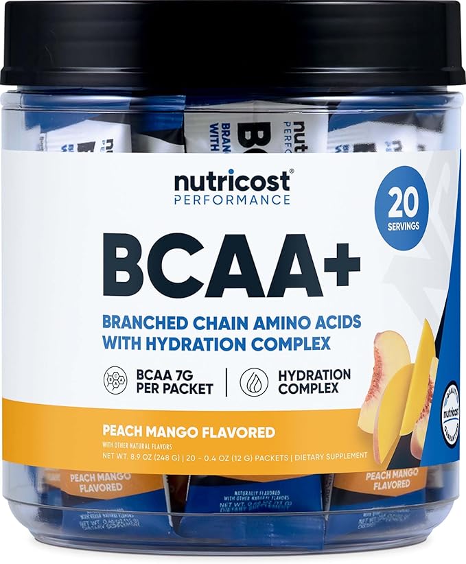 Nutricost BCAA+ Hydration Peach Mango Flavor (20 Stickpacks) - Branched Chain Amino Acids with Hydration Complex - Gluten-Free Non-GMO