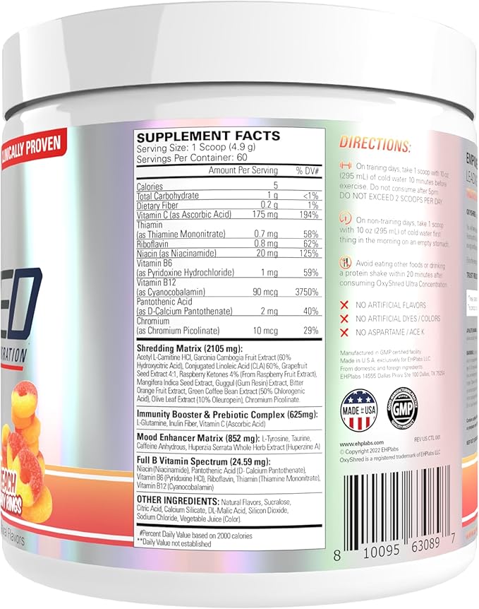 EHP Labs OxyShred Pre Workout Powder - Preworkout Powder with L Glutamine &amp Acetyl L Carnitine Energy Boost Drink - Peach Candy Rings 60 Servings