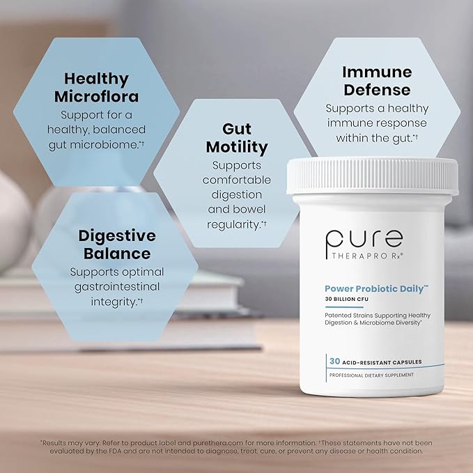 Pure Therapro Rx Power Probiotic Daily - 30 Acid-Resistant Capsules | 4 Proven Strains - 30 Billion CFU/Capsule | Patented Activ-Vial Desiccant Bottle to Ensure Freshness | NO Refrigeration Required