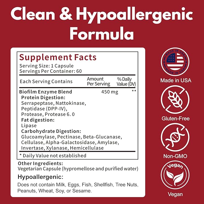 Biofilm Disruptor UTI Defense Gut Detox Cleanse W/Lipase &amp Glucoamylase Defense &amp Buster for Gut &amp Immune Health Enzymes for Stomach Digestion - 60 Vegan Capsules