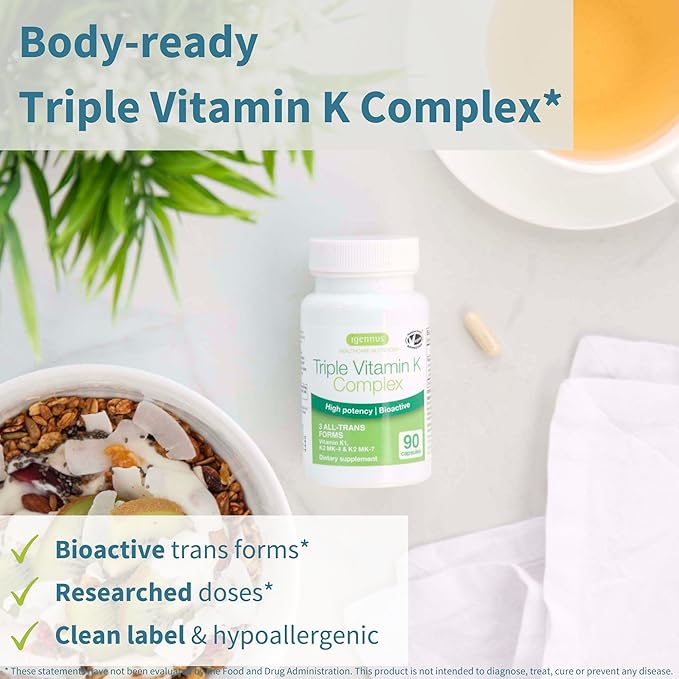 Igennus High Strength Triple Vitamin K Complex 2700 mcg K1 &amp K2 (MK-4 &amp MK-7) 1-a-Day Clean Label Advanced Bioactive Forms Bone &amp Cardiovascular Support Vegan 90 Fast Action Capsule