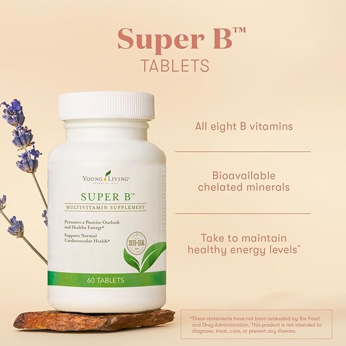 Young Living Super B Tablets 60-Count Bottle | B Vitamins &amp Minerals | Supports Healthy Energy Levels | Keto-Friendly | Natural Folate Source | Contains Calcium Magnesium and Vitamin B6