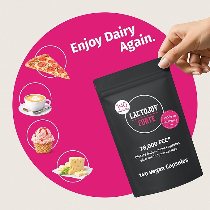 LactoJoy Forte 28000 FCC - Lactase Capsules with 6h Depot Effect - 140 Vegan Capsules Refill Pack - Fast-Acting Long-Lasting Lactase - No Additives - Made in Germany - Dairy Relief