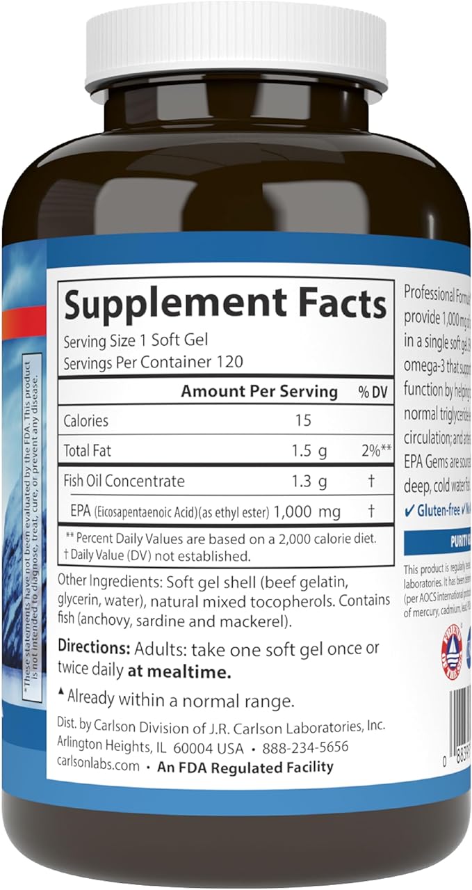 Carlson - Elite EPA Gems 1000 mg EPA Fish Oil Wild-Caught Norwegian Fish Oil Sustainably Sourced Helps Maintain Healthy Triglyceride Levels 120 Softgels