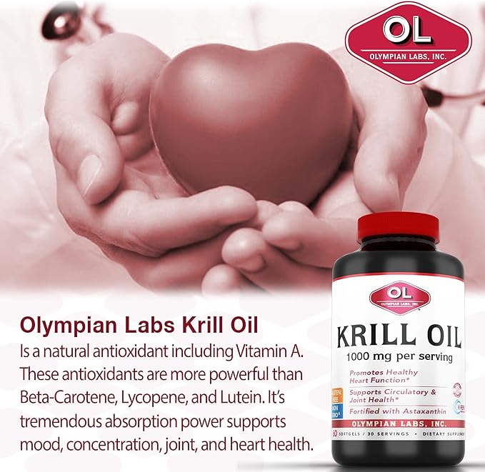 Olympian Labs Antarctic Krill Oil 1000mg Caps with Astaxanthin Omega-3 EPA DHA Immune Joint &amp Brain Support 60 Softgels