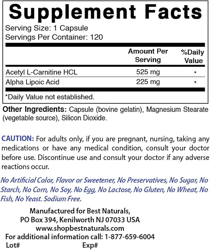 Best Naturals Acetyl L-Carnitine and Alpha Lipoic Acid 750 mg &amp Vitamin B-12 6000 mcg