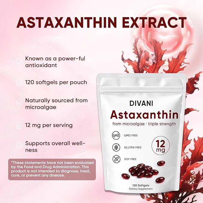 DIVANI Astaxanthin 12mg Antioxidant Supplement for Daily Wellness Immune Eye &amp Skin Support Non-GMO Gluten Free - 120 Softgels