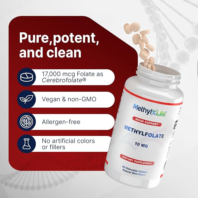Methyl-Life® L-Methylfolate 10 mg - Chewable Active Folate Tablets with ultrapure Form of Cerebrofolate® (L-5-MTHF Calcium) | Vegan Non-GMO Gluten-Free | 90 Chewable Tablet