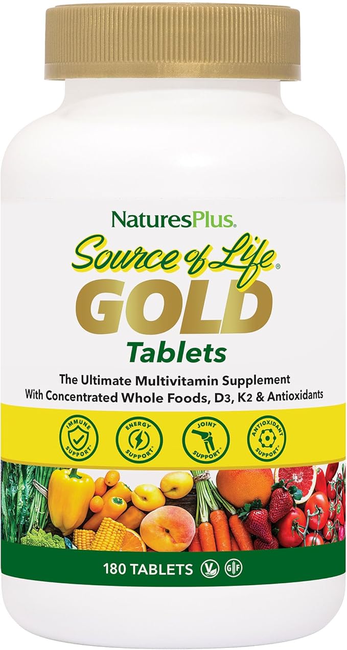 NaturesPlus Source of Life GOLD Multivitamin - 180 Tablets - With Vitamins D3 B12 &amp K2 - Blood Bone &amp Immune Support - Vegetarian &amp Gluten Free - 60 Servings