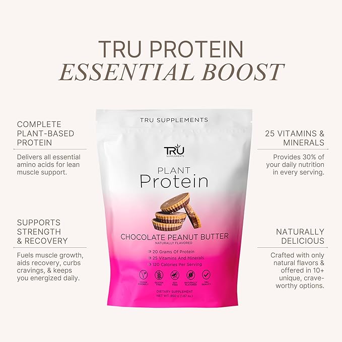 TRU Supplements Plant Based Protein Powder BCAA EAA 20g Vegan Brown Rice &amp Pea Protein 100 Calories 27 Vitamins No Artificial Flavors 25 Servings (Chocolate Peanut Butter)
