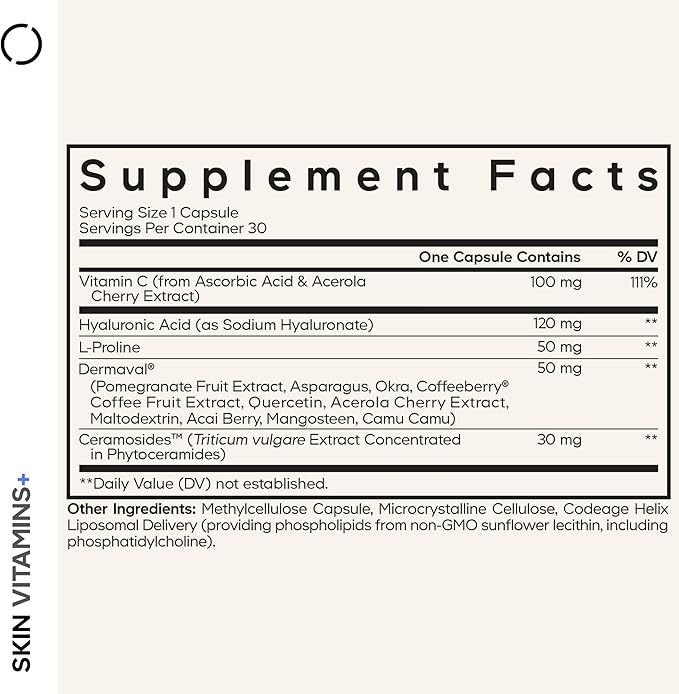 Codeage Skin Vitamins+ Supplement – Ceramosides Dermaval Hyaluronic Acid Coffeeberry Vitamin C – Skin Elasticity Wrinkle &amp Moisture Support – Liposomal Delivery – Non-GMO 30 Capsules