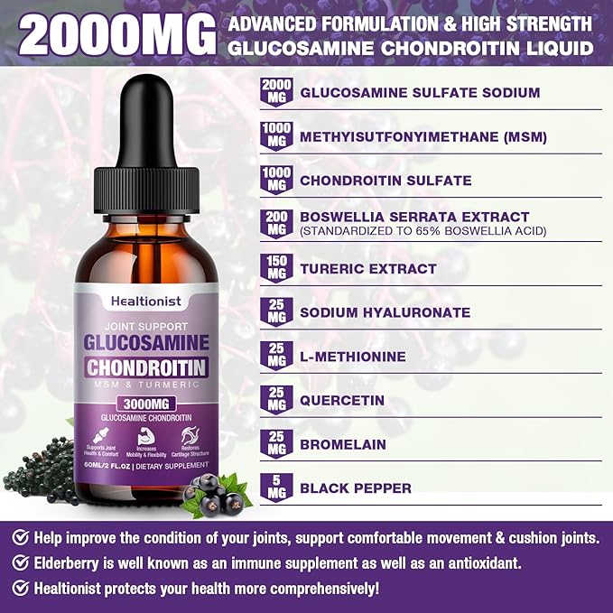 2 Pack Glucosamine Chondroitin MSM Liquid Drops Extra Strength Joint Support Supplement for Adults Men &amp Women Quercetin Boswelia Bromelain Antioxidant Immune Support (4 Fl oz)