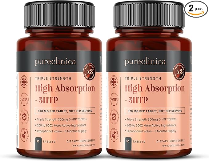 pureclinica 5HTP 300mg x 180 Tablets (2 Bottles with 90 Tablets in Each - 6 Months Supply. with 220mg Vitamin C B6 and Black Pepper Extract. SKU: 5H3x2