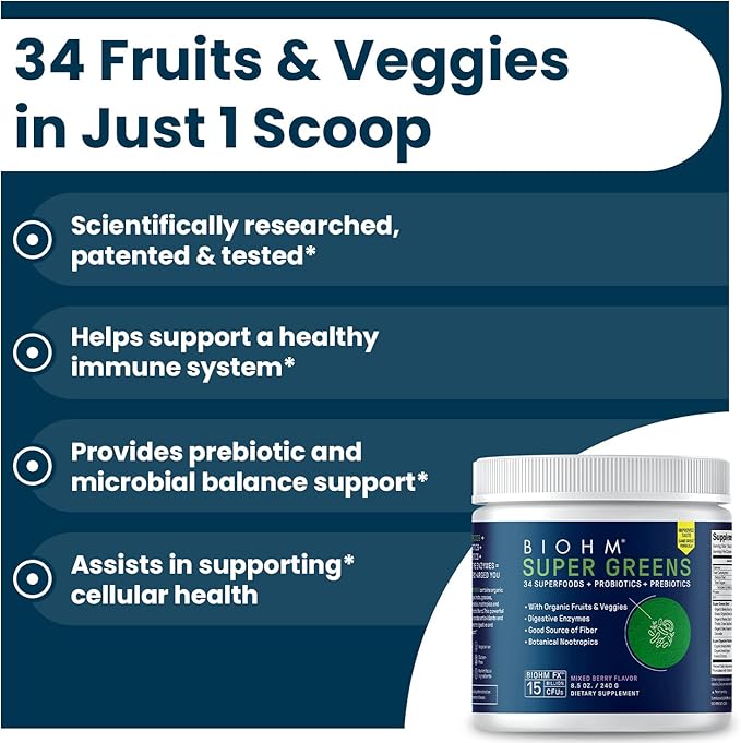 BIOHM Super Greens Green Superfood Powder (8.5 Oz 30 Servings) Antioxidant Veggie Powder &amp Smoothie Mix 34 Superfoods &amp Spirulina Digestive Enzymes Prebiotics and Probiotics Mixed Berry