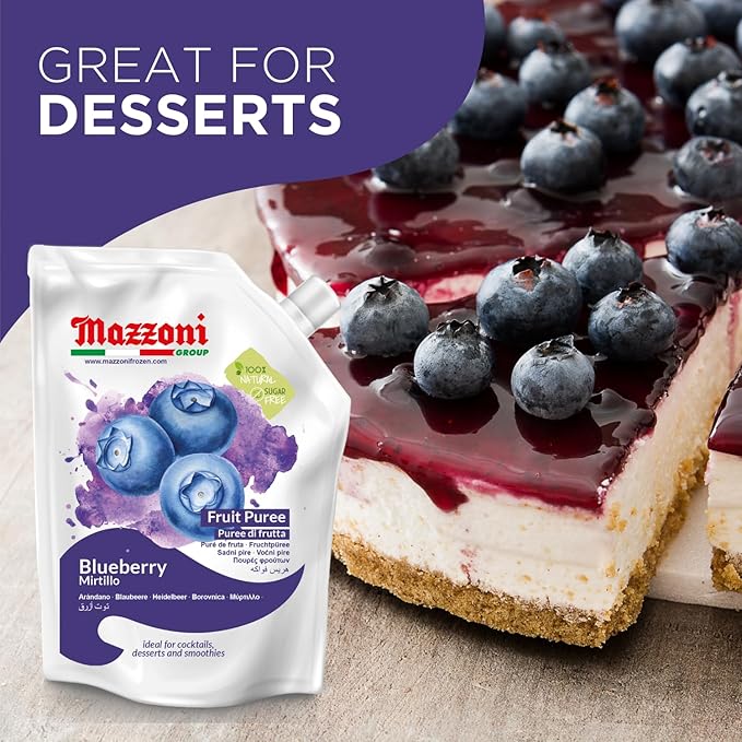 Mazzoni - Blueberry Puree 100% Pure Blueberries Just Fruit No Sugar Added Real Fruit for Smoothies Drinks Cocktails Fruit Juice - 2.2 lb Convenient Pouch Made in Italy