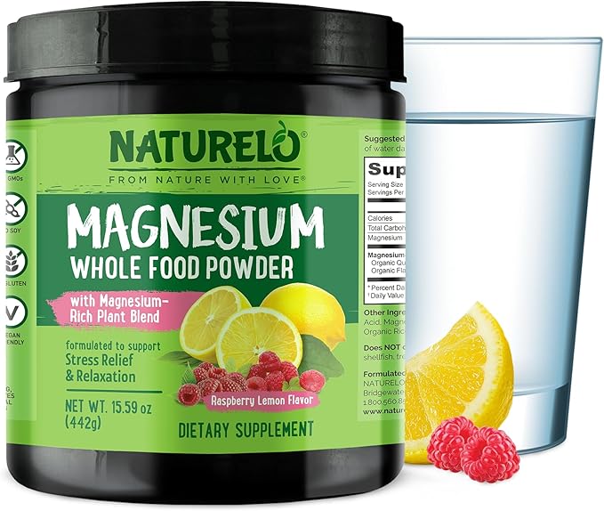 NATURELO Magnesium Powder - Whole Food Calm Magnesium Powder with Quinoa Cauliflower &amp Flaxseed for Stress Relief Raspberry Lemon 85 Servings 15oz