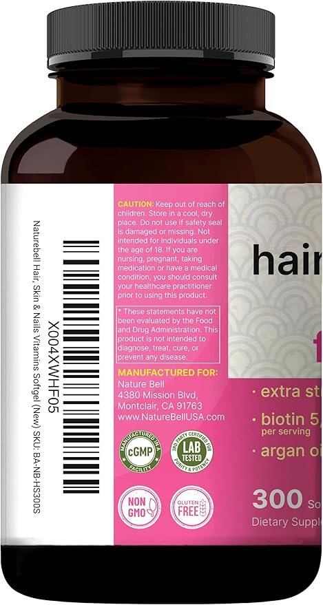 NatureBell Hair Skin &amp Nails* Vitamins for Women – 5000mcg Biotin Collagen Keratin Hyaluronic Acid Argan Oil &amp B‑Complex – 21‑in‑1 Formula with MCT Oil 300 Softgels (100 Days Supply)
