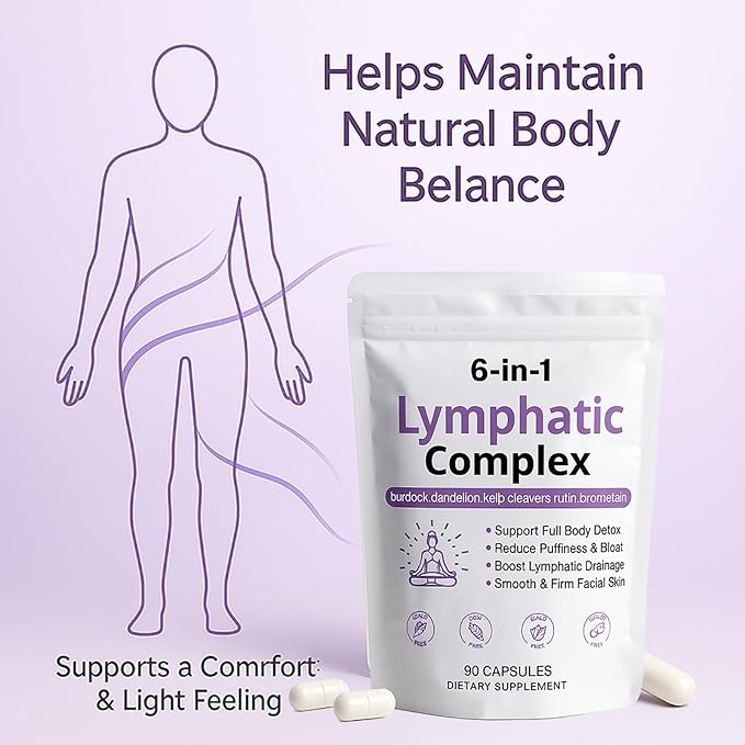 6 in 1 Lymphatic Complex Capsules – Lymphatic drainage with Burdock Dandelion Kelp Cleavers for Reduce Bloat Balance Cortisol Full Body Detox &amp Skin Vitality | Vegan · Non-GMO 90 Capsules (1)