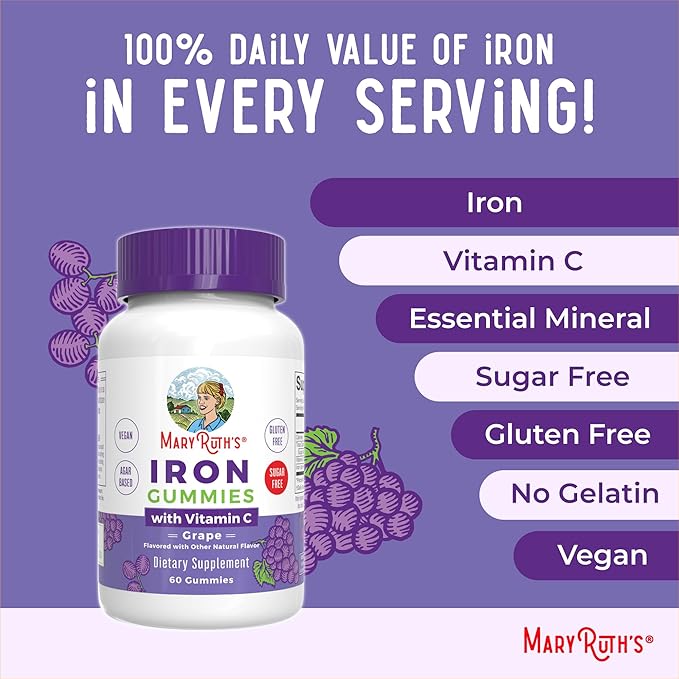MaryRuth's Iron Gummies for 14+ with Vitamin C for Absorption | Sugar Free | Gummy Iron Supplement + VIT C | Energy Metabolism | Cellular Health | Immune Support | Vegan | Non-GMO | 60 Count