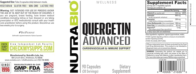 NutraBio Quercetin Advanced with Added Vitamin C and Bromelain - Potent Antioxidant - 90 Capsules - Dietary Supplement