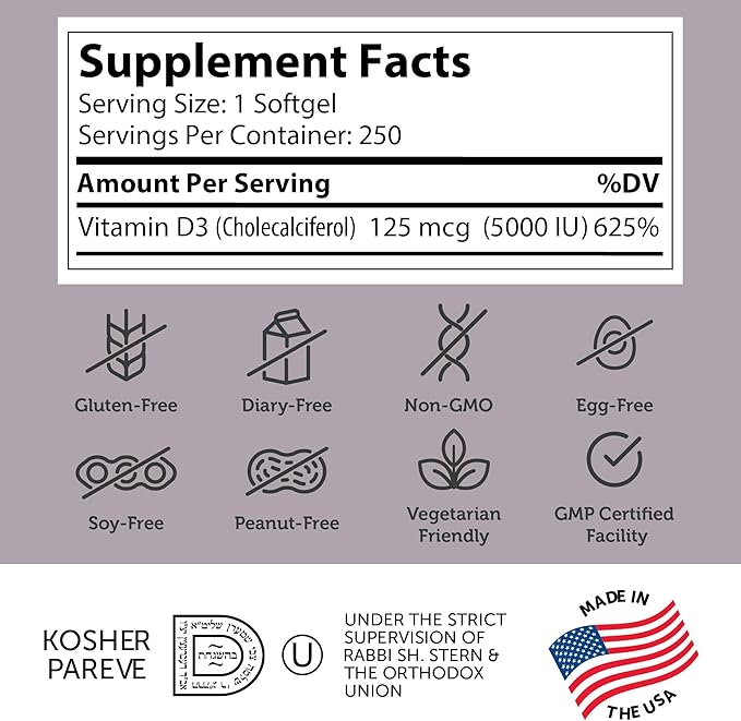 Zahler - Advanced Vitamin D3 5000 IU Softgels (250 Count) Kosher Vegetarian Friendly Vitamin D for Immune Support Bone Teeth &amp Muscle Health - Daily D3 Vitamin Supplement for Adults - Easy Swall