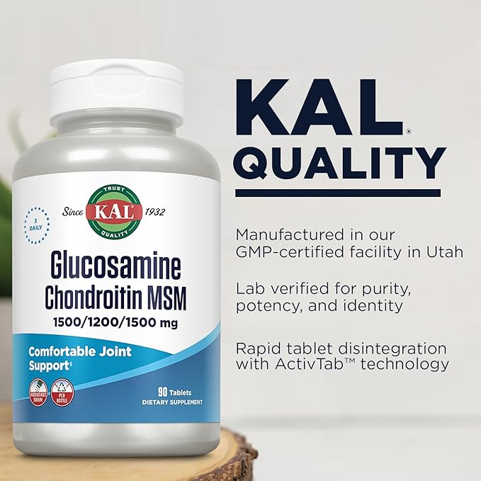 KAL Glucosamine Chondroitin MSM Joint Support Supplement for Women and Men 1500mg Glucosamine Sulfate 1200mg Chondroitin 1500mg MSM Rapid Disintegration 60-Day Guarantee 30 Servings 90 Tablets