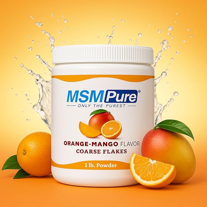 KALA HEALTH MSMPure Orange Mango Flavored Coarse MSM Powder Flakes – US-Made MSM for Joint Health Skin Appearance and Hair &amp Nail Support – 1 lb Organic Sulfur