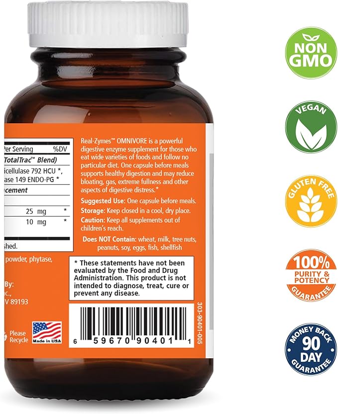 Real-Zymes™ OMNIVORE Digestive Enzymes Supplement with Probiotics for Better Digestion - Natural Support for Relief of Bloating Gas Belching Diarrhea Constipation IBS etc. - 30 Caps