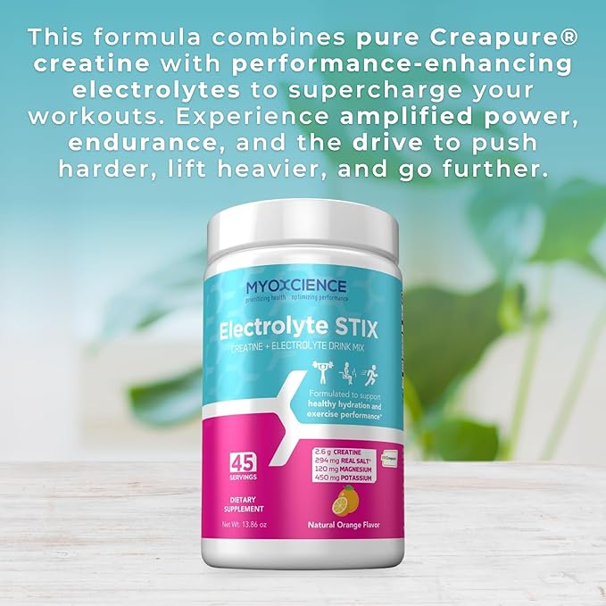 MYOXCIENCE Electrolyte STIX | Creatine Electrolyte Powder | Recovery from Exercise &amp Muscle Development w/Real Salt (Natural Orange Flavor) (Jar 45 ct)