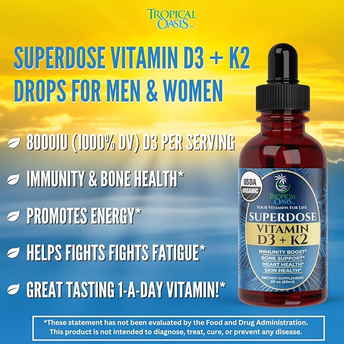 USDA Organic Liquid Vitamin D3 K2 Drops for Adults | Superdose 8000IU Pure Vitamin D3 | 60 Serv | Vitamin D K2 Supplement for Immune Support &amp Bone Health | 98% Absorption | Vegan Non-GMO | 2 Fl