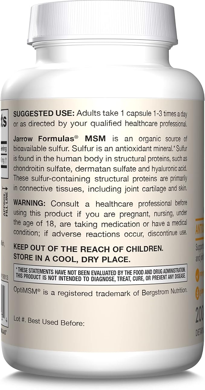 Jarrow Formulas MSM 1000 mg - 200 Veggie Capsules - Methylsulfonylmethane - Source of Sulfur - Dietary Supplement Supports &amp Strengthens Joints - Up to 200 Servings