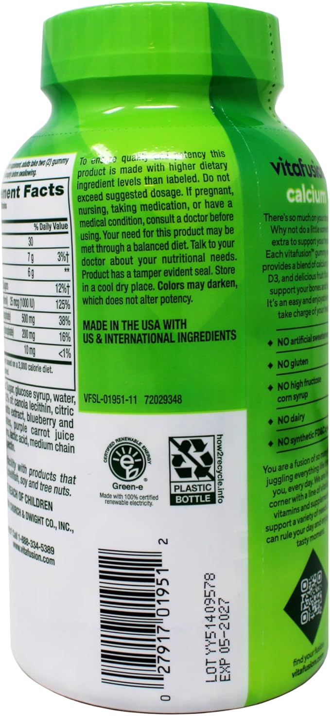 VitaFusion Calcium 500 mg Dietary Supplement Gummies Natural Fruit and Cream Flavors - 100 ct Pack of 2