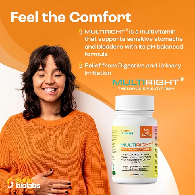 MULTIRIGHT | Low Acid MULTIVITAMIN | Bladder-Friendly | 14 Vitamins &amp 14 Minerals | pH Balanced | Easy on Digestion-Less Acidic | Buffered Vitamin C | 90 Tablets