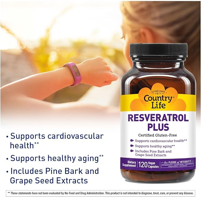 Country Life Resveratrol Plus 1000mg - Organic Antioxidant Supplement with Pine Bark &amp Grape Seed Extracts - Vegan Gluten-Free Non-GMO